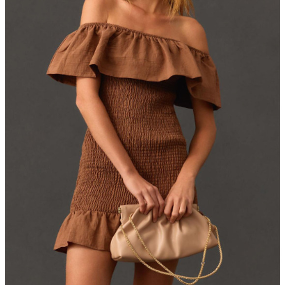 NWT By Anthropologie Off-The-Shoulder Smocked Mini Dress Chocolate Brown Size L - Picture 12 of 13